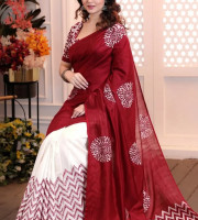 Red And White Chanderi Silk Digital Print Saree With Unstitched Blouse Piece | P0535