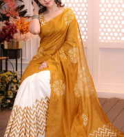 Mustard And White Chanderi Silk Digital Print Saree With Unstitched Blouse Piece | DG-180