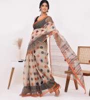 Block Print Kota Doria Cotton Saree - Beige Polka | P0623