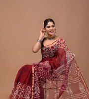 Traditional Block Design Digital Print Kota Doria Cotton Saree - Maroon Color | P0381