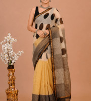 Traditional Block Design Digital Print Kota Doria Cotton Saree - Beige Color | P0383