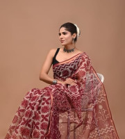 Traditional Block Design Digital Print Kota Doria Cotton Saree - Maroon Color | P0382