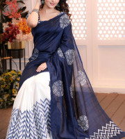 Blue and White Chanderi Silk Digital Print Saree With  Blouse Piece | DG-164